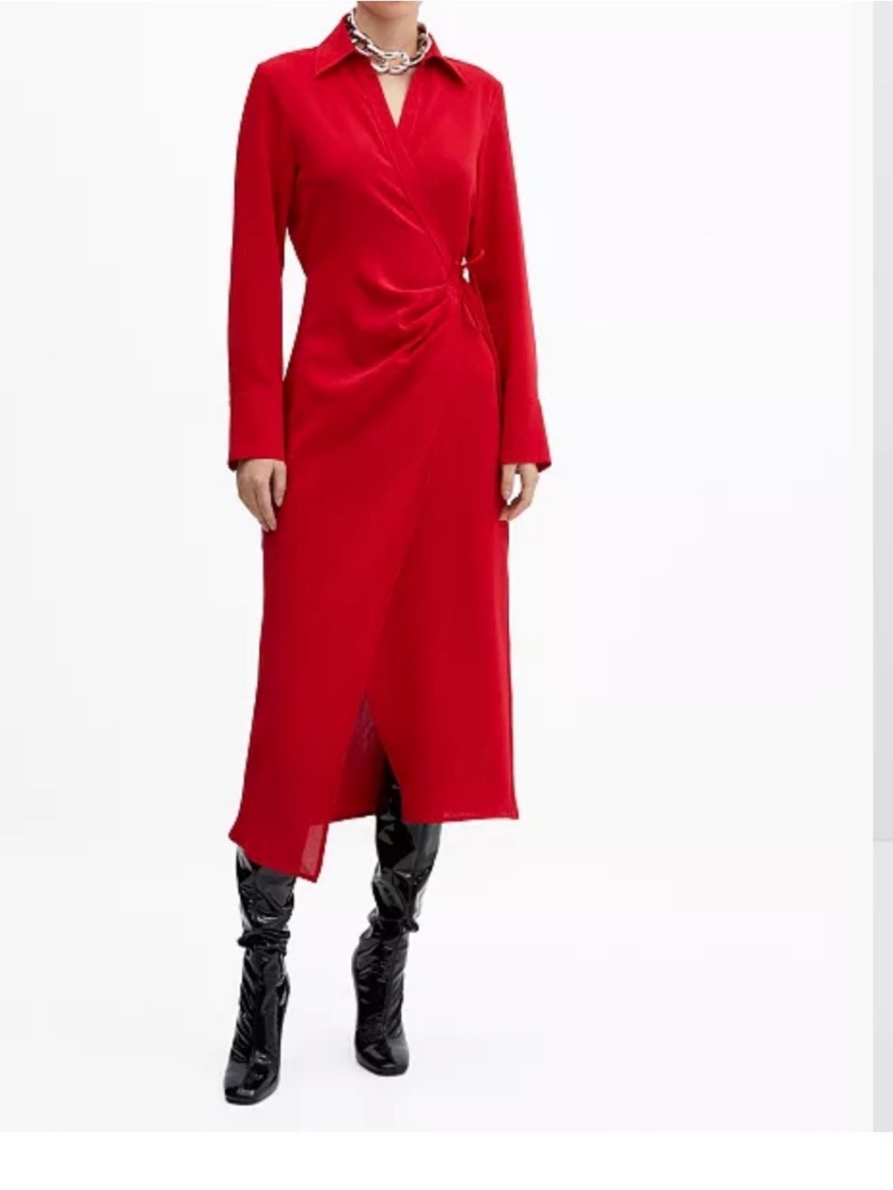 MANGO Red Long Sleeve Lightweight Wrap Midi Dress Size Medium